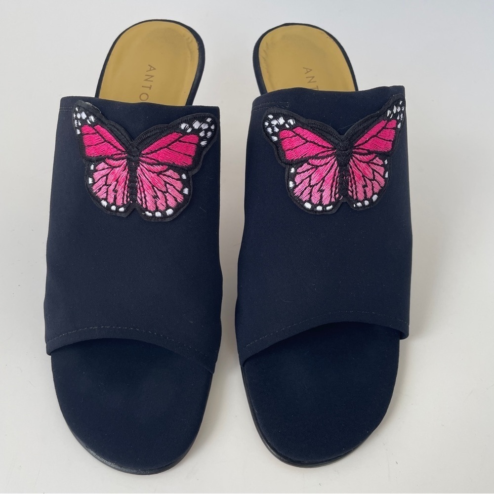 ANTONIO MELANI Black and Pink Mules with Butterfly Detail